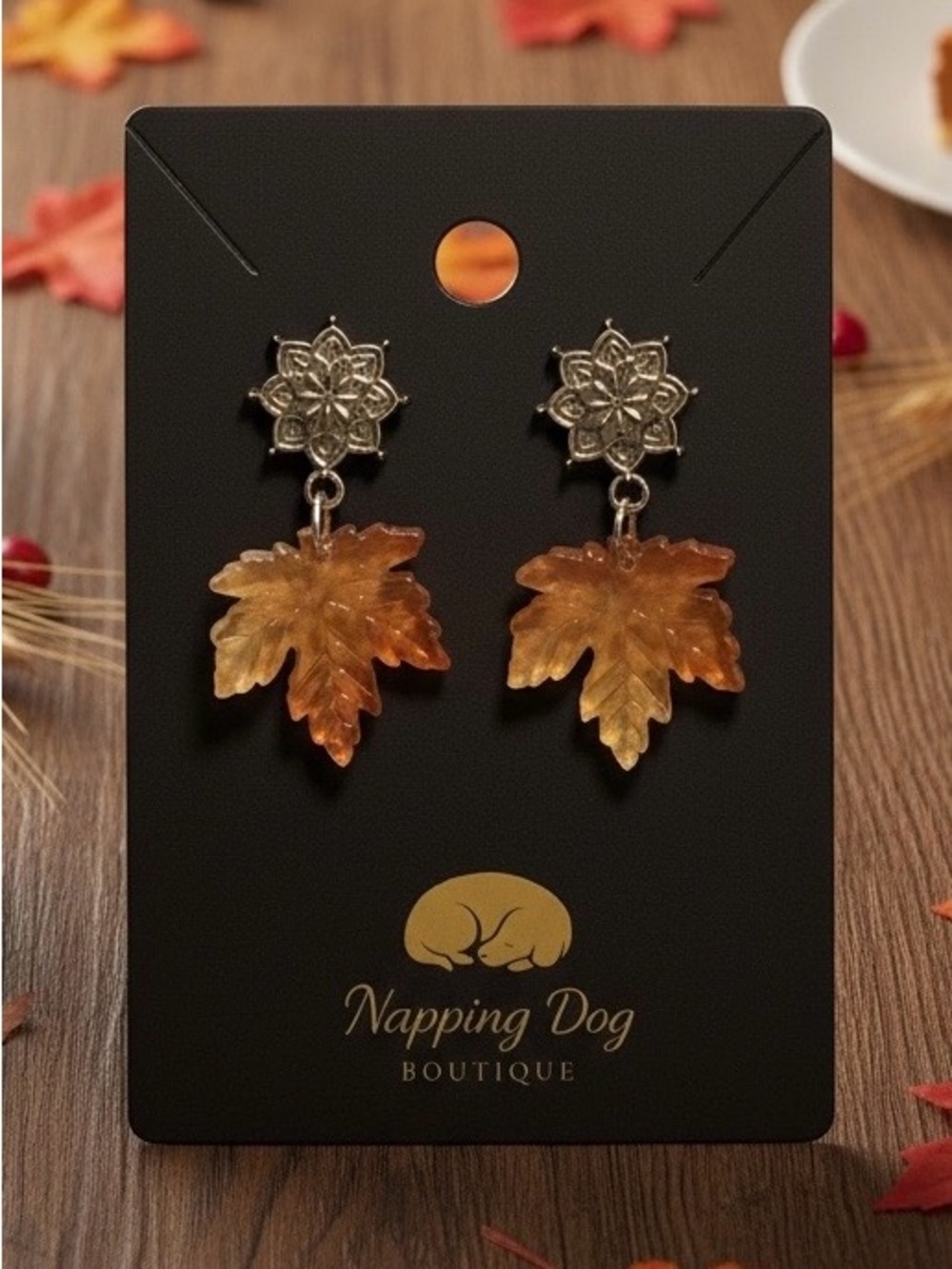 Glass Maple Leaf Dangle Earrings – Gold-Tone Floral Post Earrings